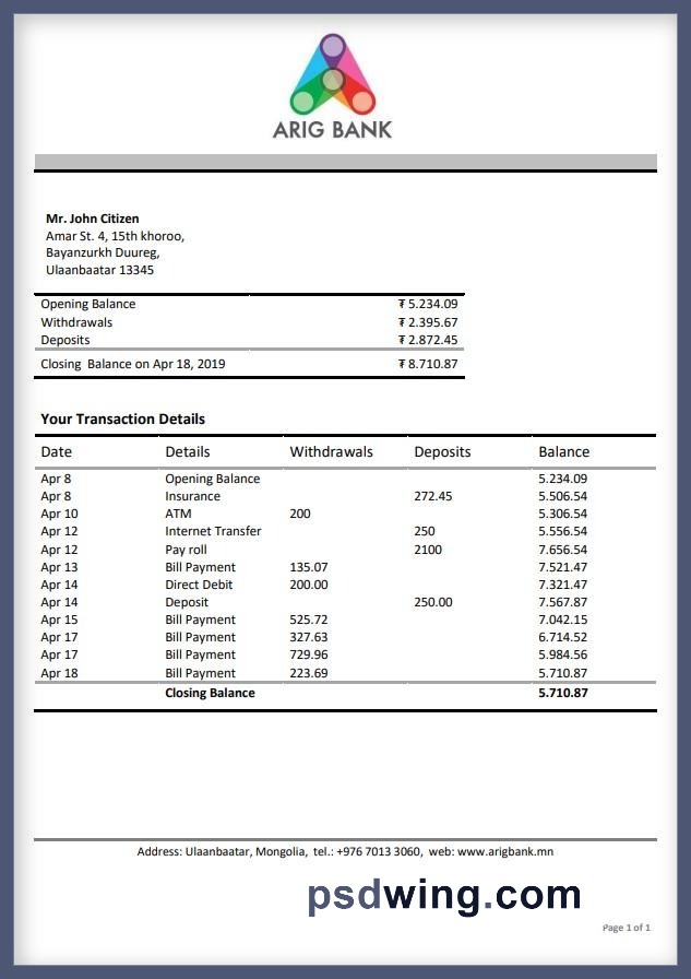 Mongolia Arig Bank Statement (Word)